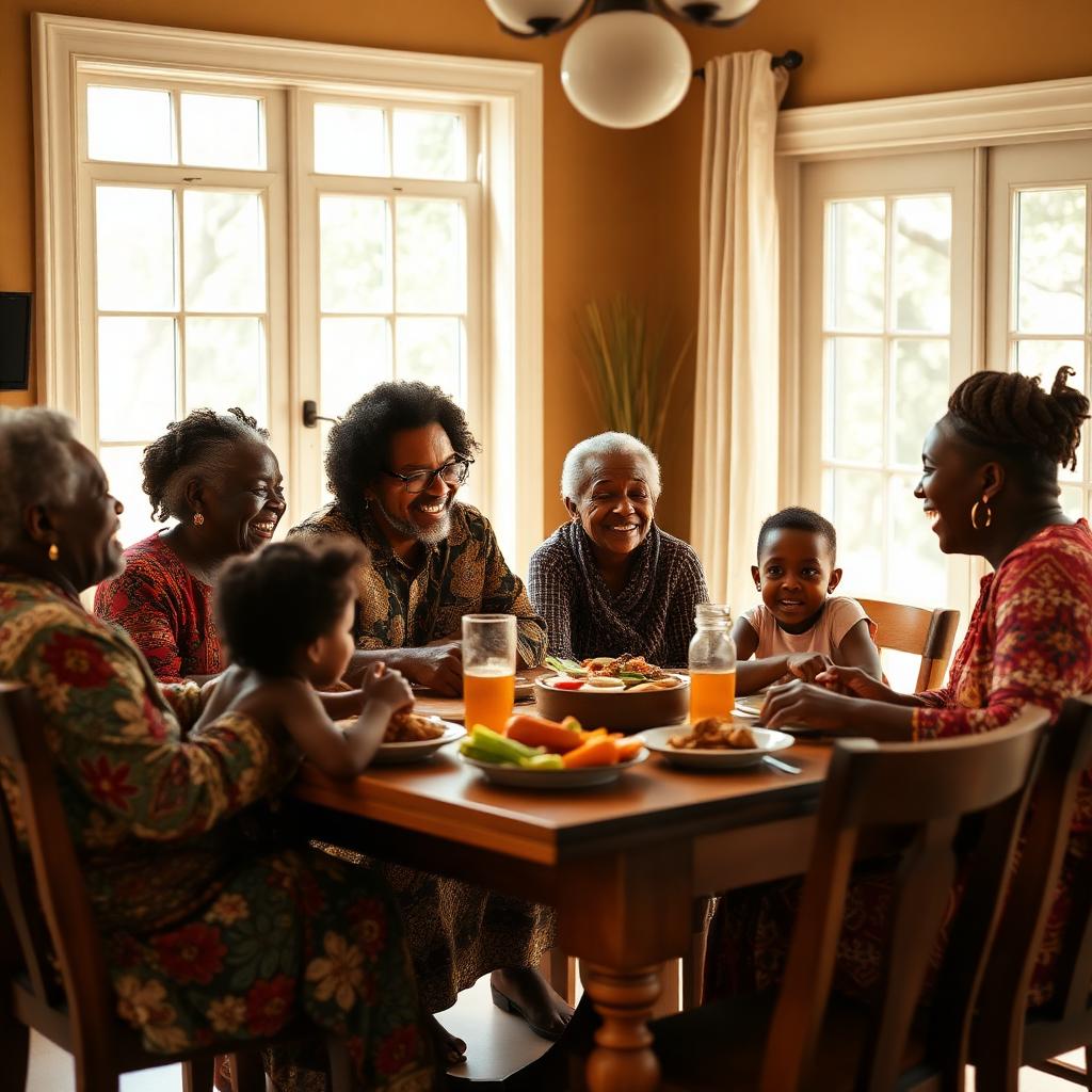 A multi-generational Black African family gathered around a dining table, laughing and sharing a meal together in warm sunlight.
