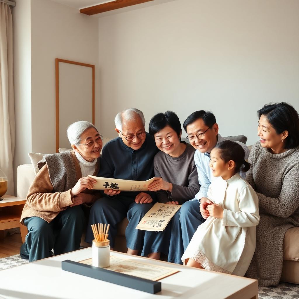 A multi-generational East Asian family in a modern home, a grandfather showing a calligraphy scroll to his granddaughter while the family smiles.