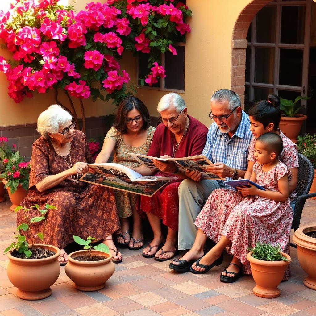 A multi-generational Latin American family sits on a colorful courtyard patio, looking at old photographs together beneath bougainvillea flowers.