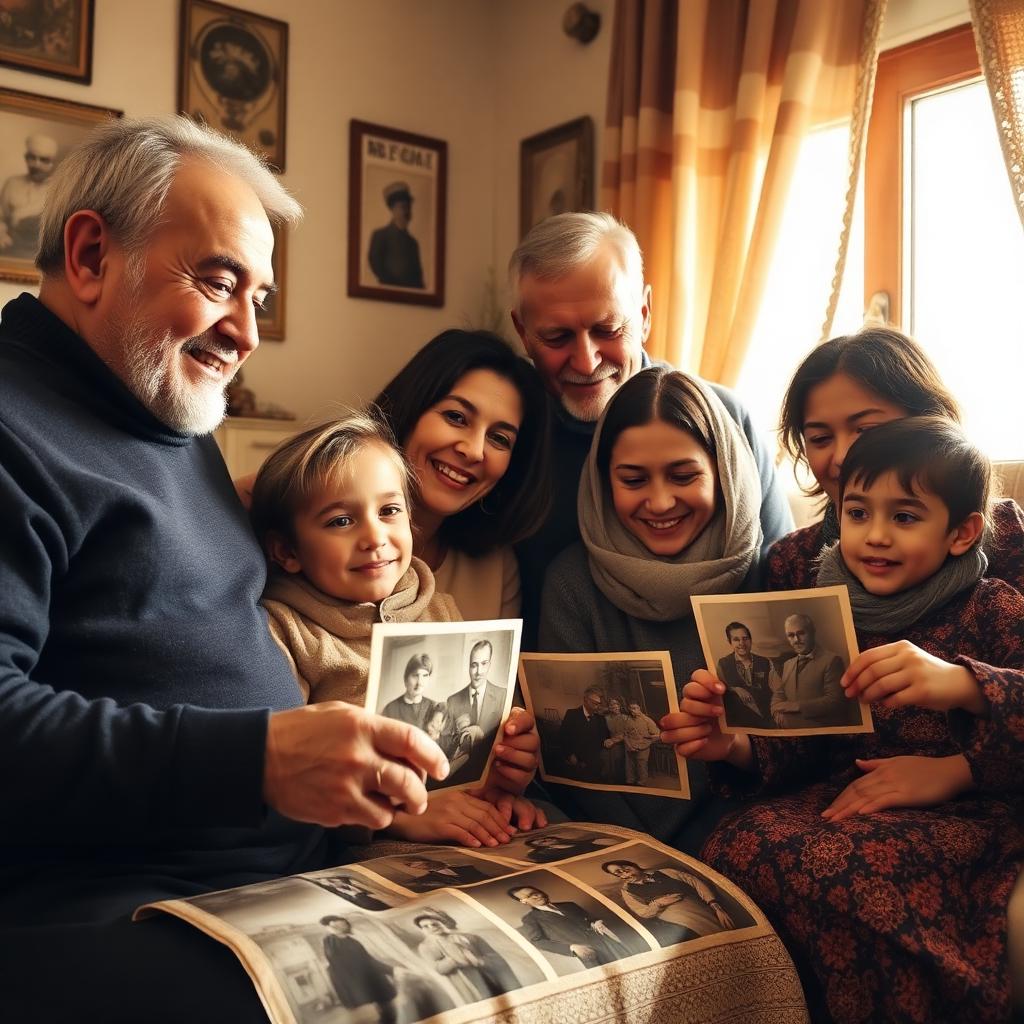 A multi-generational Middle Eastern family at home, grandparents, parents and children smiling as they hold and look through old family photographs together.
