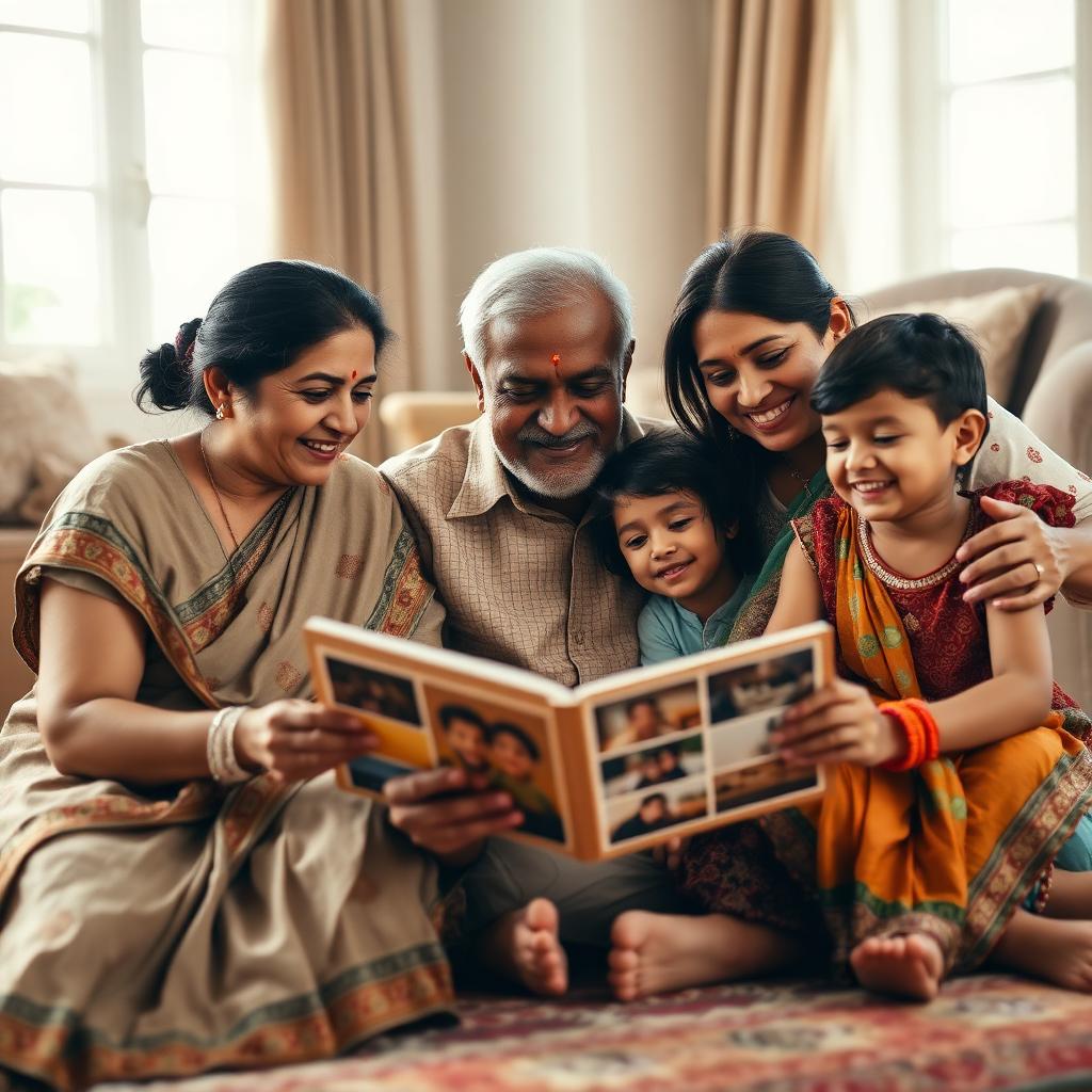 A multi-generational South Asian family sits together on the floor, smiling as they look through a handmade photo album.