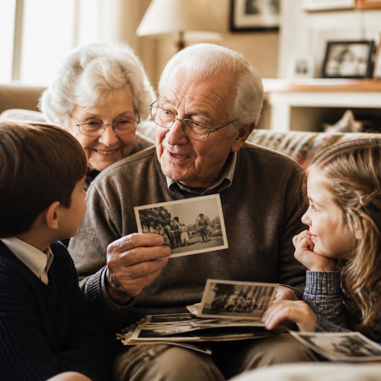 An elderly grandmother and grandfather sitting on a couch, smiling as they share an old black-and-white family photograph with their two young grandchildren.