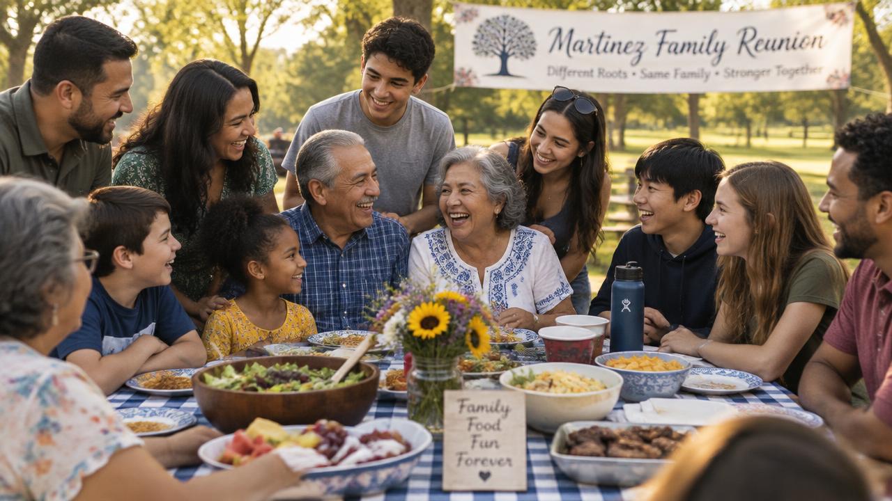 A multigenerational family sharing a meal at an outdoor reunion